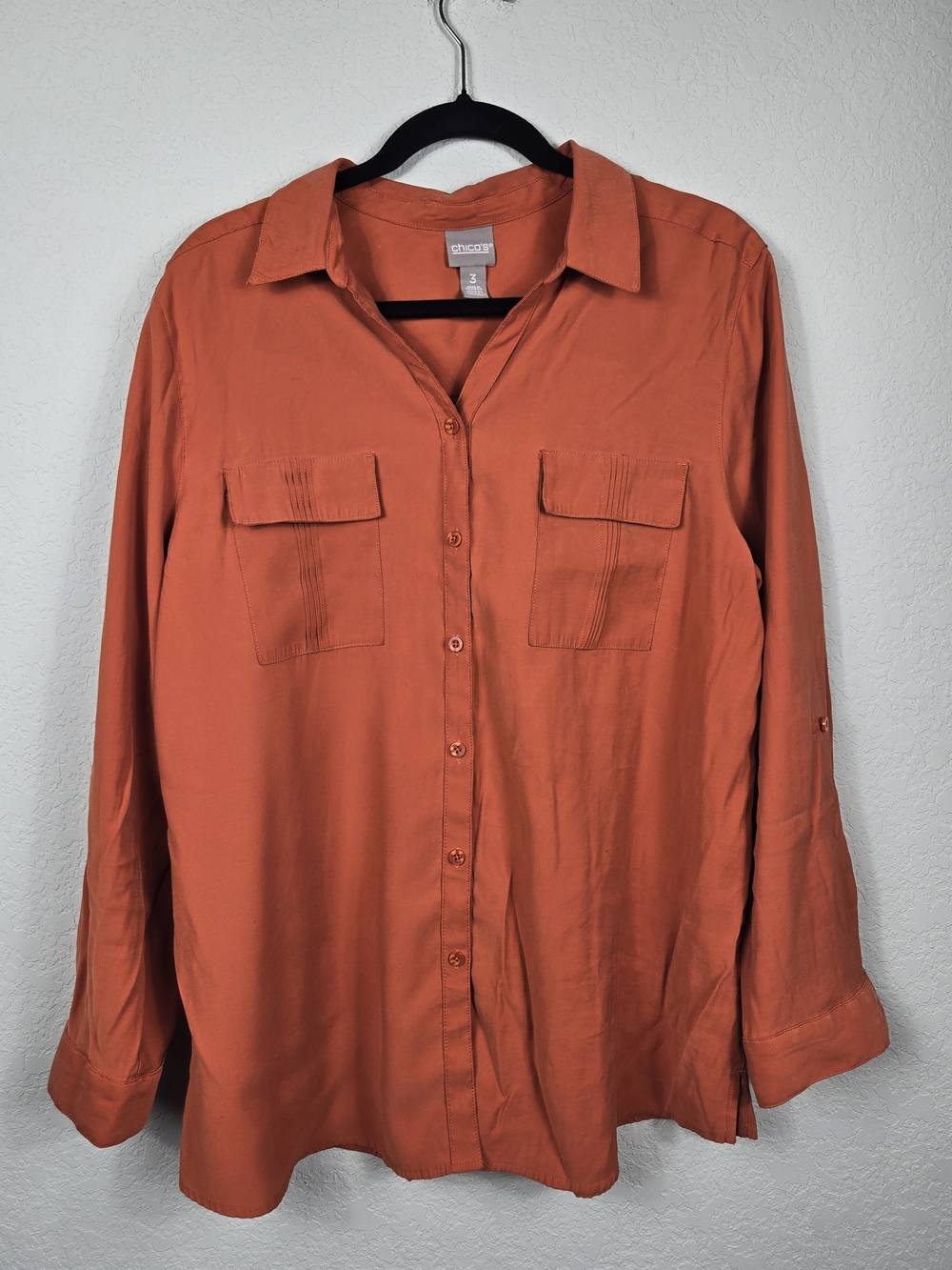 Chico's Rust Orange Utility Button Front Roll Tab Shirt Size 3 XL - Picture 4 of 7